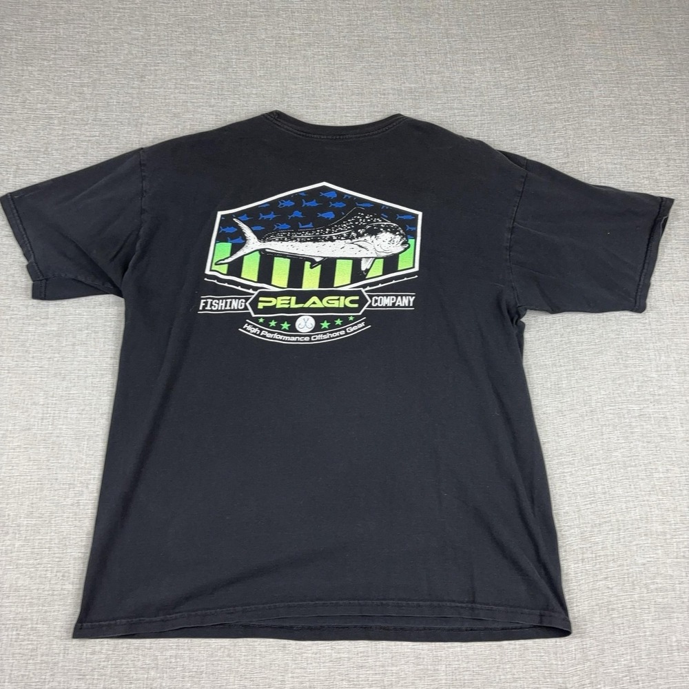 Pelagic Shirt Mens XL Black Mahi Off Shore Fishing Flag Graphic Tee Cotton